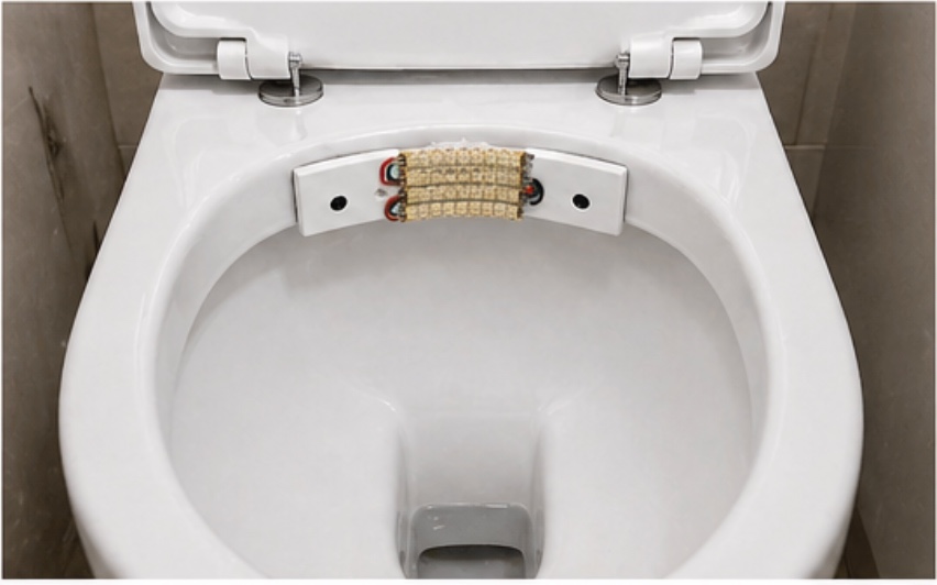 Weeflow device installed on the rear rim of a toilet, top-down.