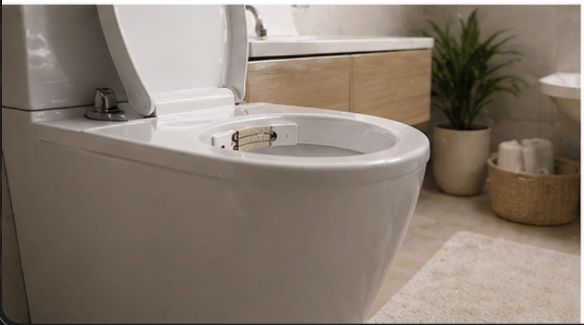 A calm, daylit bathroom — the Weeflow device discreetly installed.
